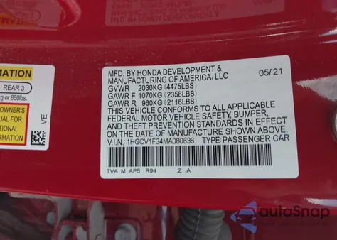 2021 Honda Accord Sport из США, поврежденный, VIN 1HGCV1F34MA080636